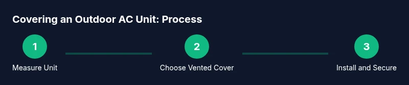 Infographic showing a 3-step process to cover an outdoor AC unit with a vented cover