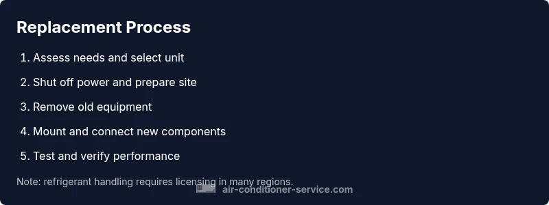 Process diagram for replacing an air conditioner showing outdoor condenser and indoor air handler