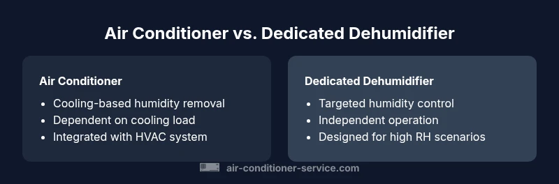 infographic comparing air conditioner humidity removal vs dedicated dehumidifier